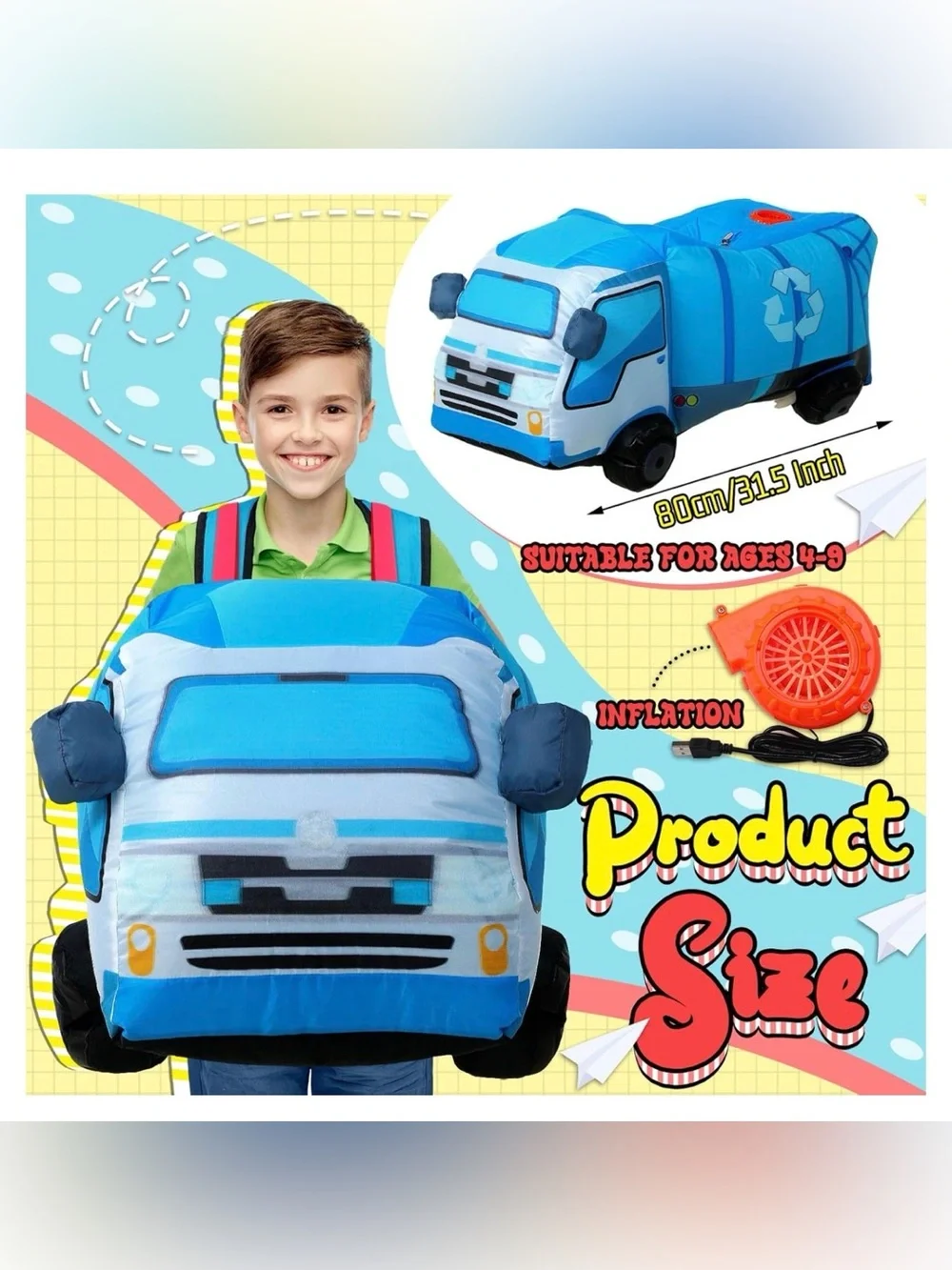 Toddler Inflatable Garbage Truck Costume Blue 3D Car Costume
